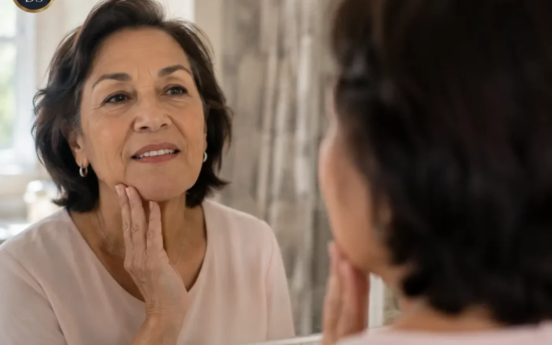 Woman adjusting to new dentures at her bathroom mirror at home in Boynton Beach