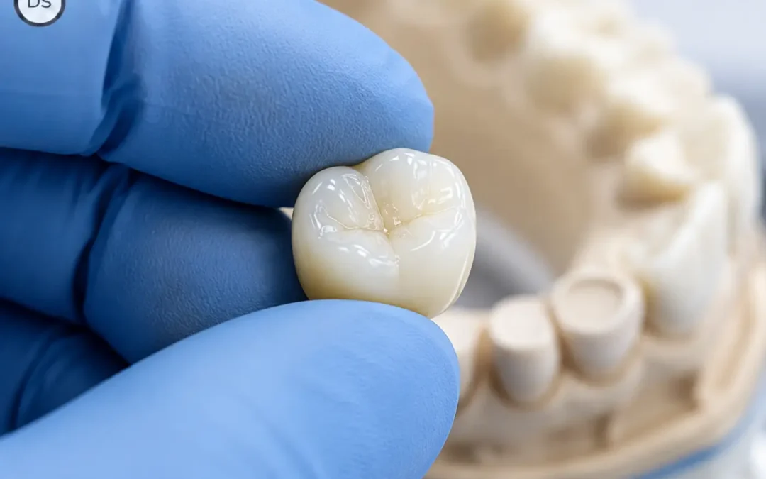 Dentist holding a ceramic crown, illustrating the crown vs filling choice, in Boynton Beach
