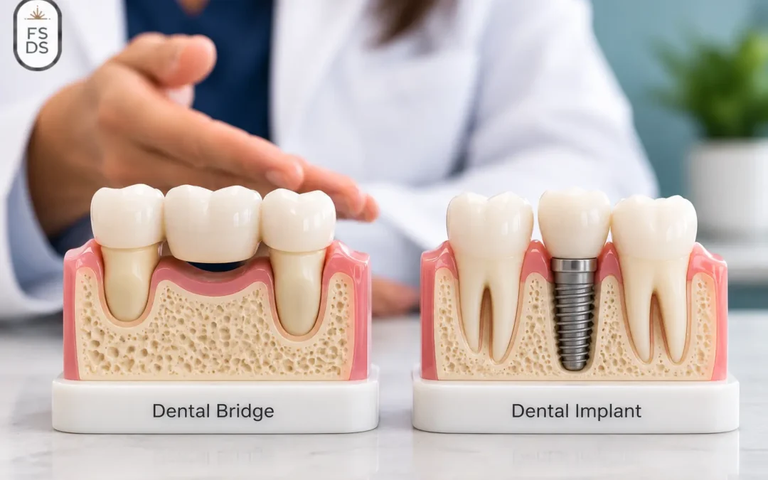 Two dental models comparing a dental bridge vs implant, in Boynton Beach
