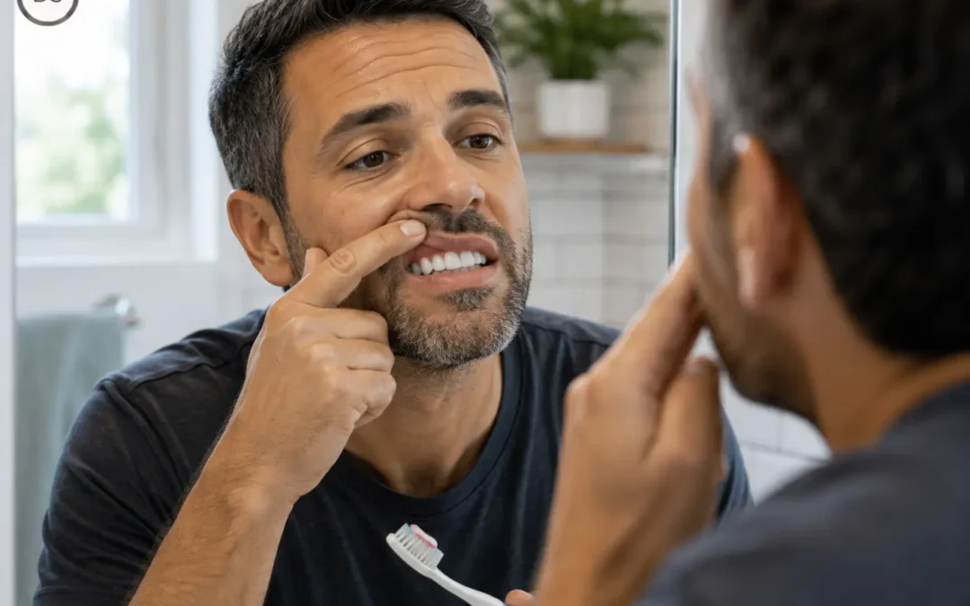 Man checking his gums in the mirror for signs of gum disease, in Boynton Beach