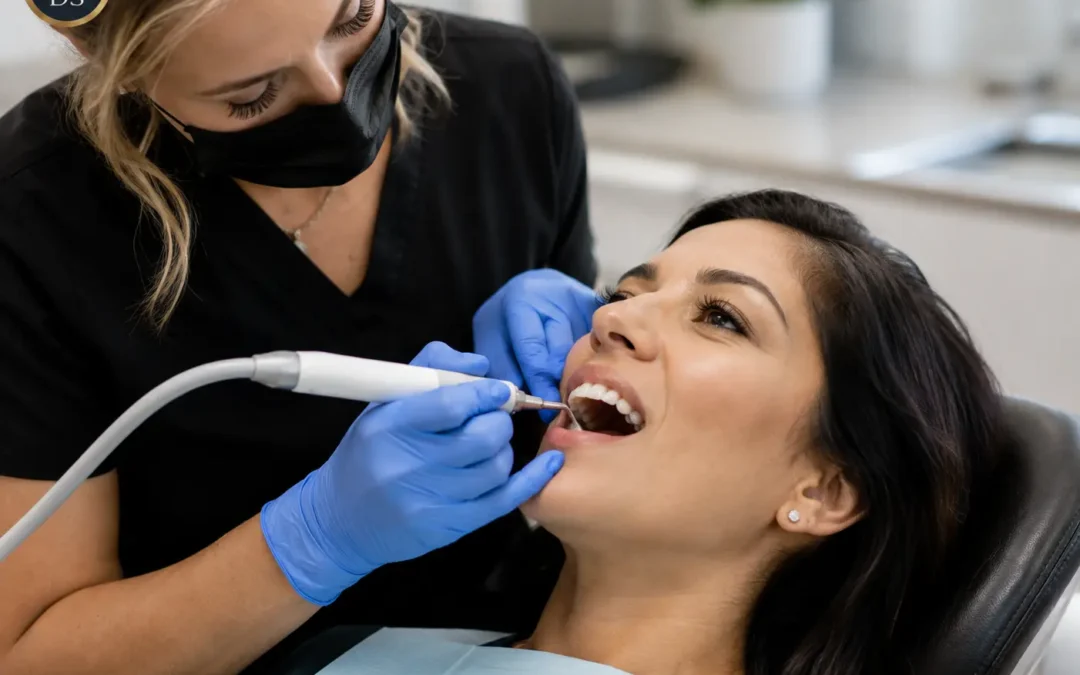 Hygienist performing a dental deep cleaning with an ultrasonic scaler on a patient in Boynton Beach