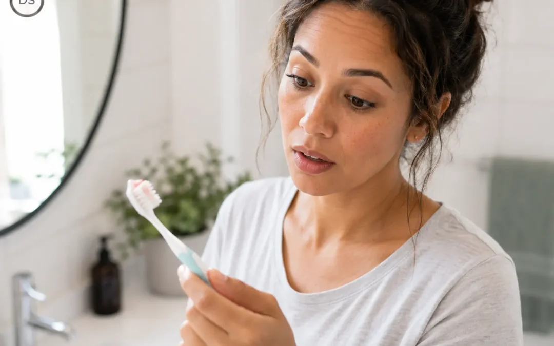 Woman noticing her gums bleed while brushing and wondering why do my gums bleed, in Boynton Beach