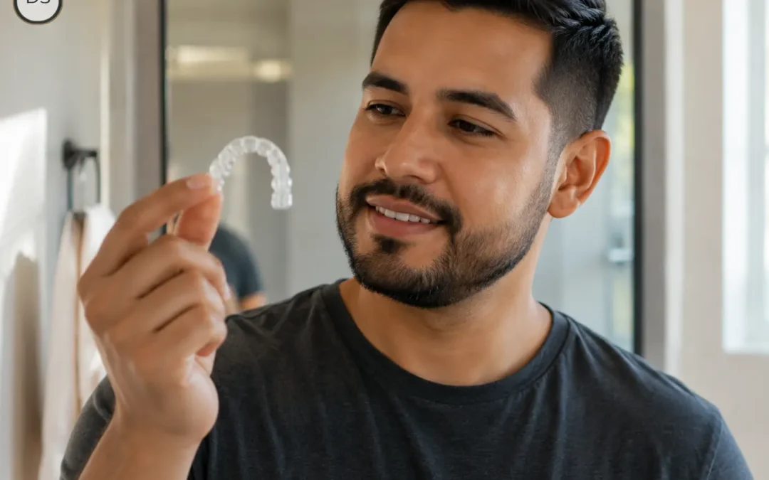 how long do clear aligners take, a man holding a clear aligner tray in Boynton Beach