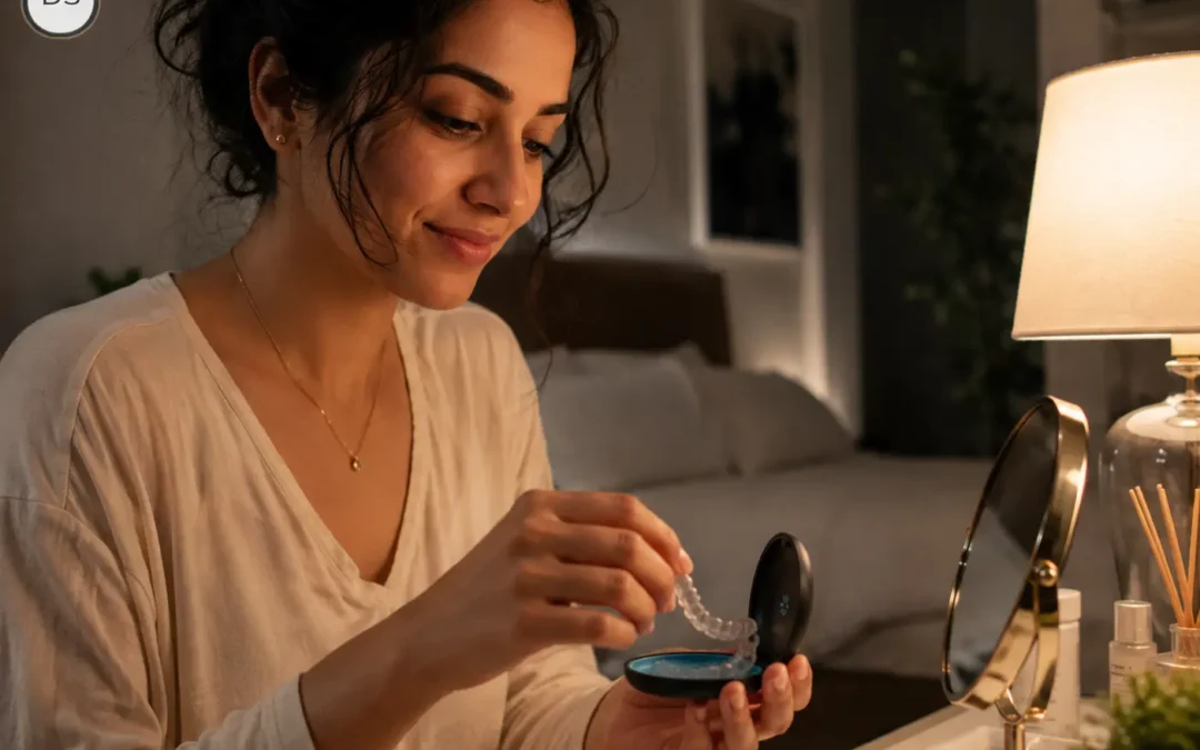 how long to wear a retainer, a woman putting her clear retainer in its case at night in Boynton Beach